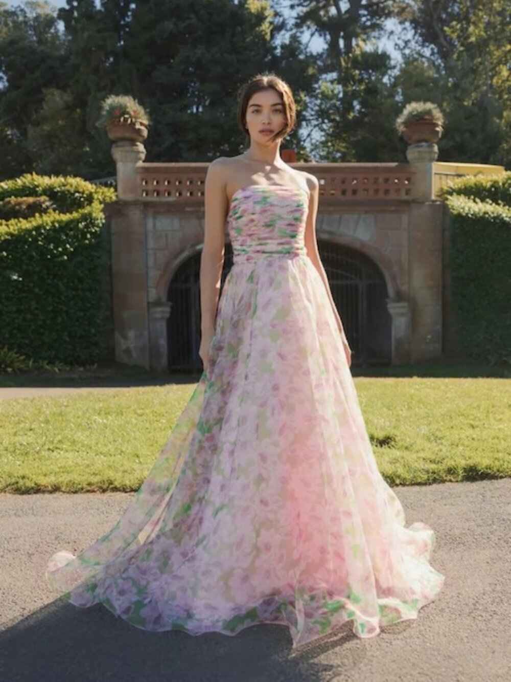Mac Duggal Pink Green Multi Strapless Floral Chiffon Ruched Gown - Picture 4 of 4